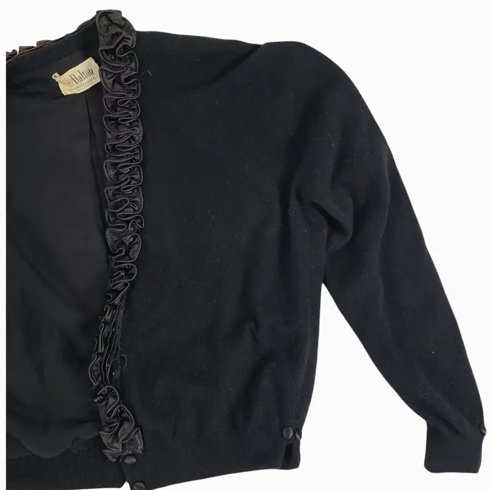 Dalton Cashmere Cardigan Vintage 50s Pinup Scroll Ruffle Trim Cinch Waist Black - Picture 15 of 16
